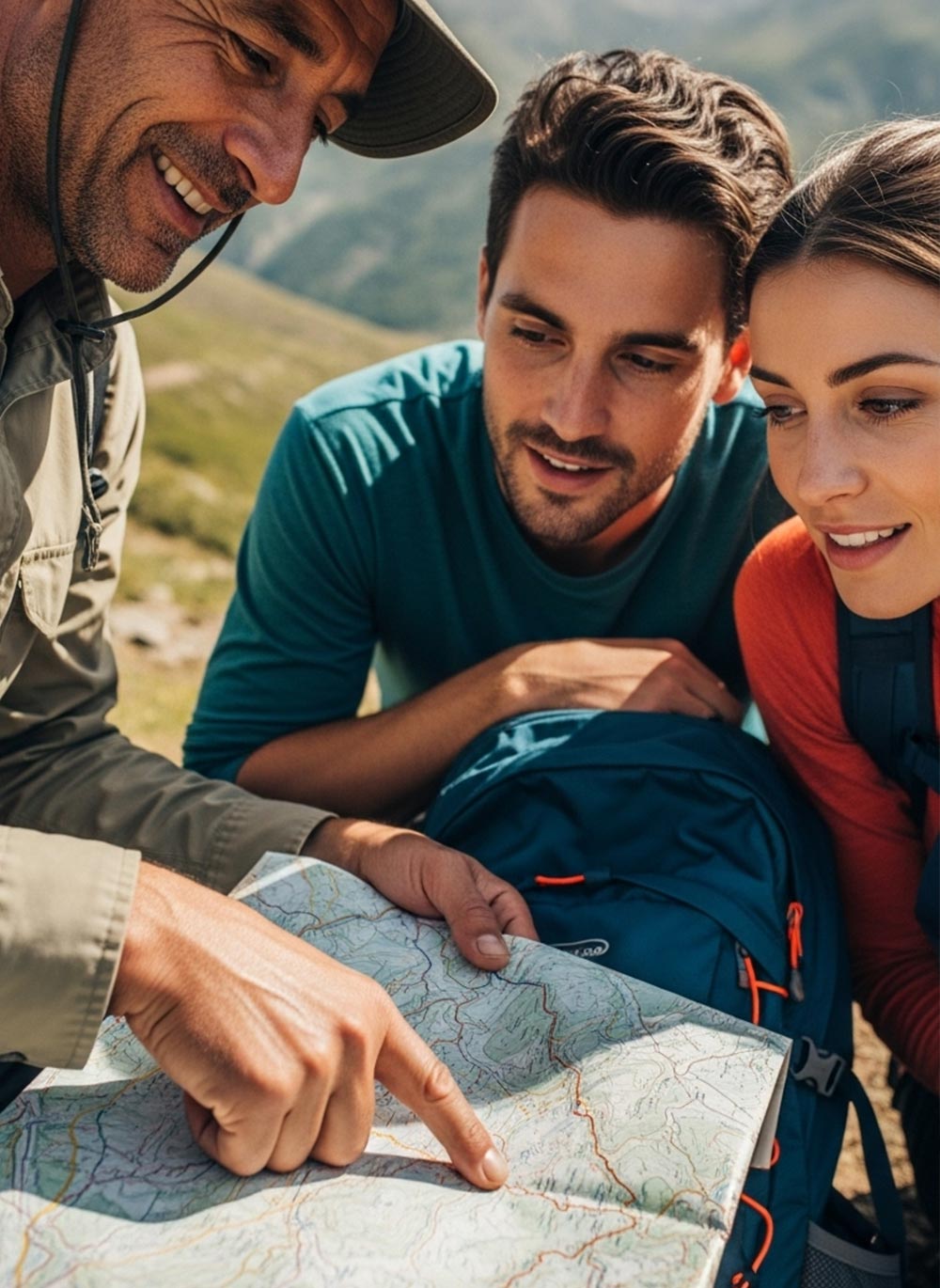 Guía de montaña experimentado sonriendo mientras muestra algo en un mapa topográfico a una pareja de senderistas